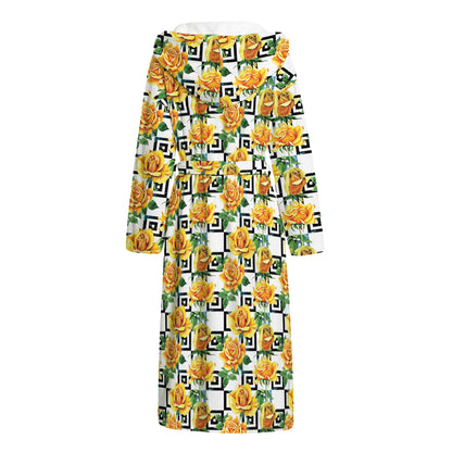 Yellow Watercolor Rose Print Hooded Bathrobe