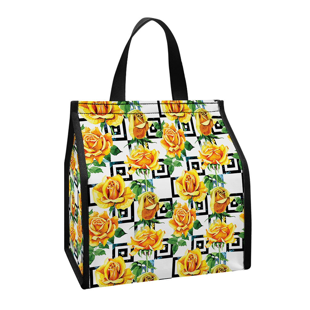Yellow Watercolor Rose Print Insulated Lunch Tote