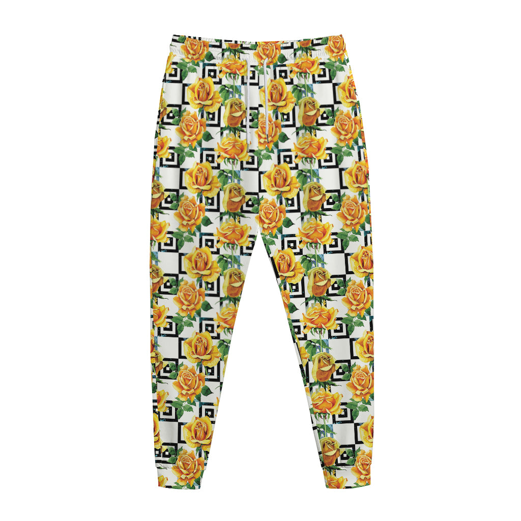 Yellow Watercolor Rose Print Jogger Pants