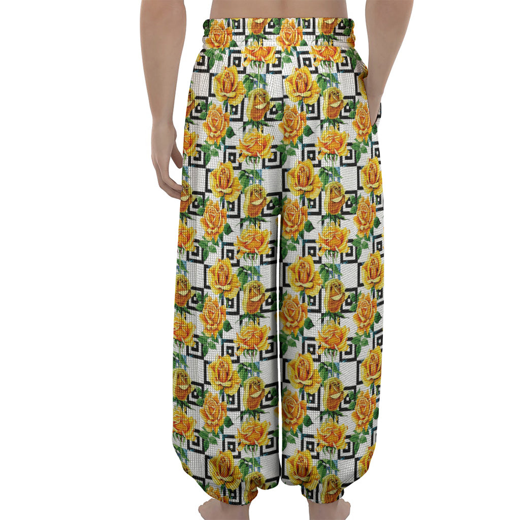 Yellow Watercolor Rose Print Lantern Pants
