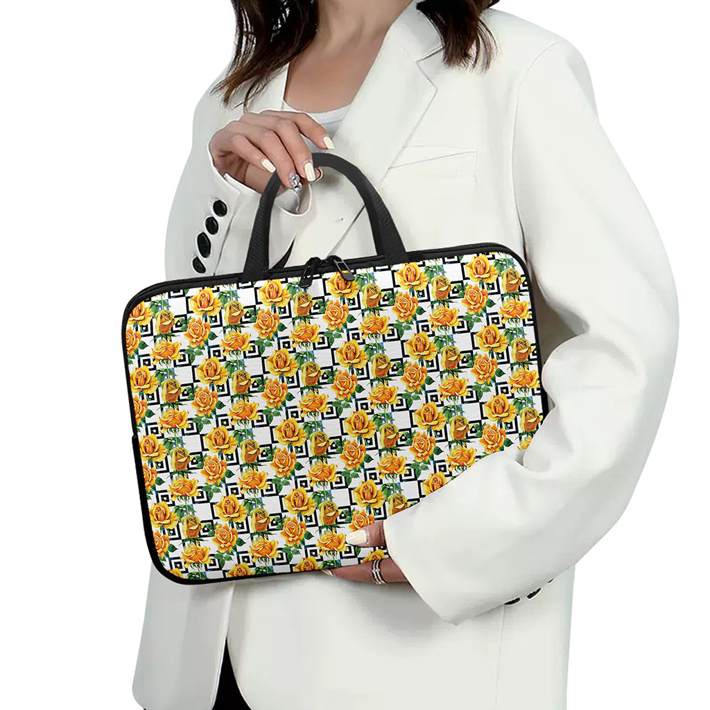 Yellow Watercolor Rose Print Laptop Sleeve With Handle