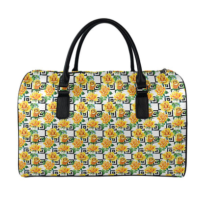 Yellow Watercolor Rose Print Leather Duffle Bag