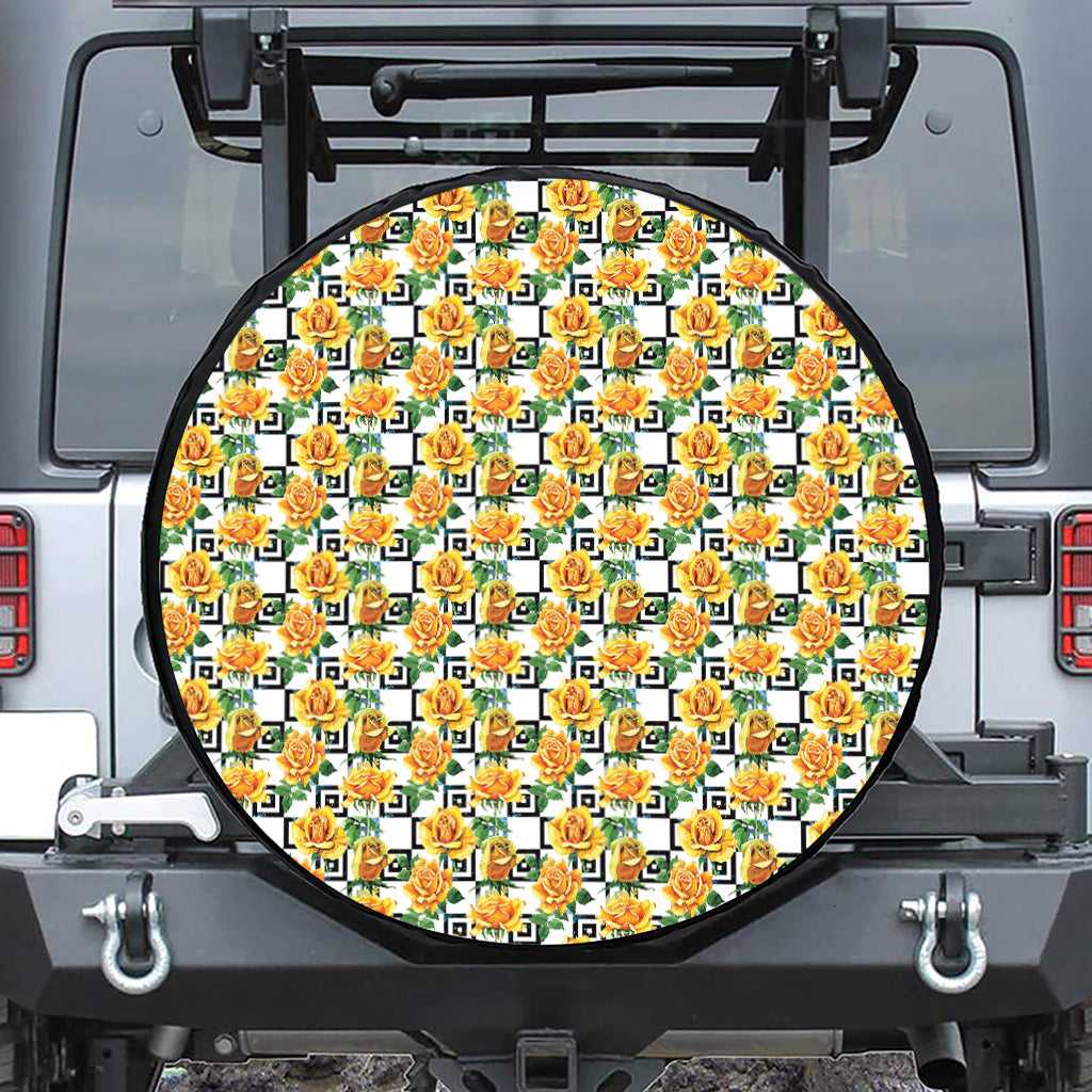 Yellow Watercolor Rose Print Leather Spare Tire Cover
