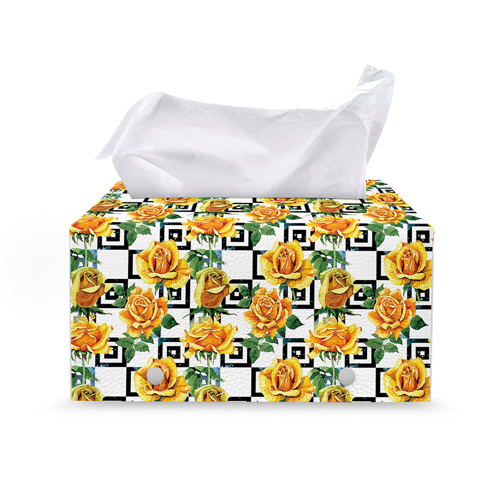 Yellow Watercolor Rose Print Leather Tissue Box Cover