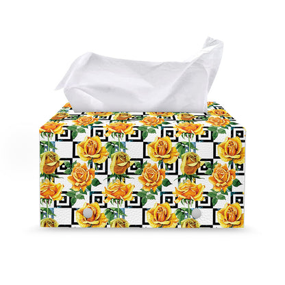 Yellow Watercolor Rose Print Leather Tissue Box Cover