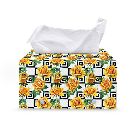 Yellow Watercolor Rose Print Leather Tissue Box Cover