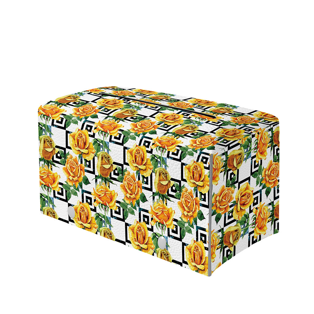 Yellow Watercolor Rose Print Leather Tissue Box Cover