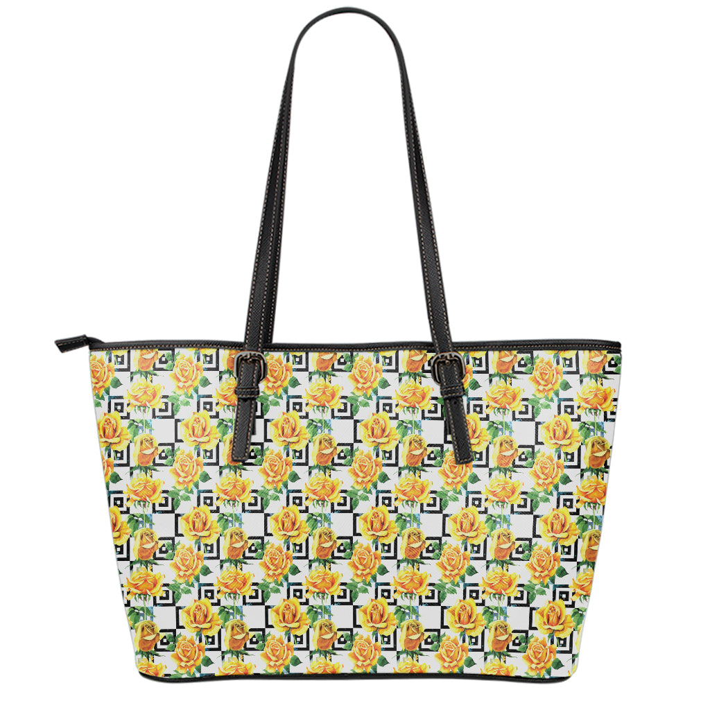 Yellow Watercolor Rose Print Leather Tote Bag