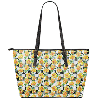 Yellow Watercolor Rose Print Leather Tote Bag