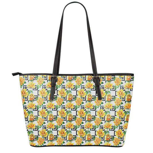 Yellow Watercolor Rose Print Leather Tote Bag