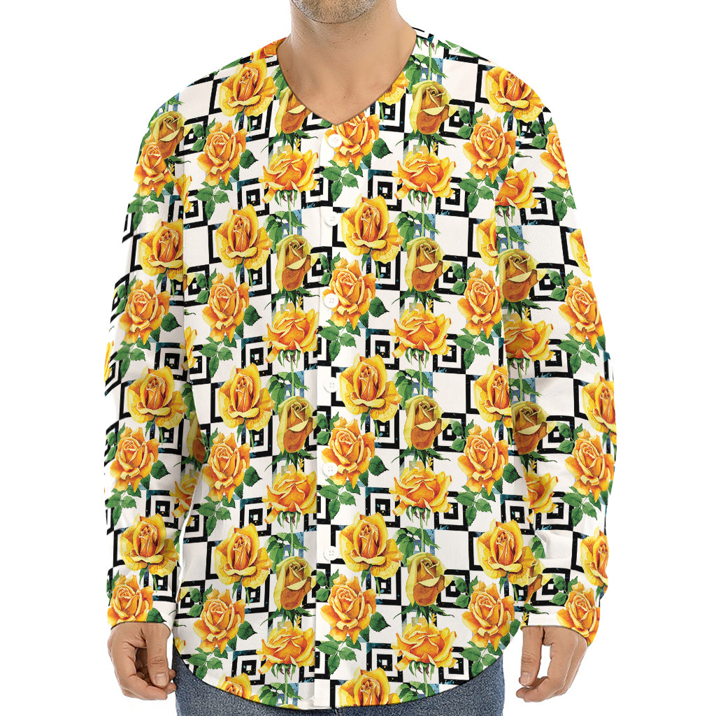 Yellow Watercolor Rose Print Long Sleeve Baseball Jersey