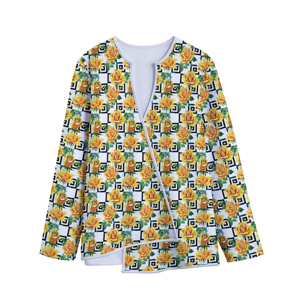 Yellow Watercolor Rose Print Long Sleeve Short Coat