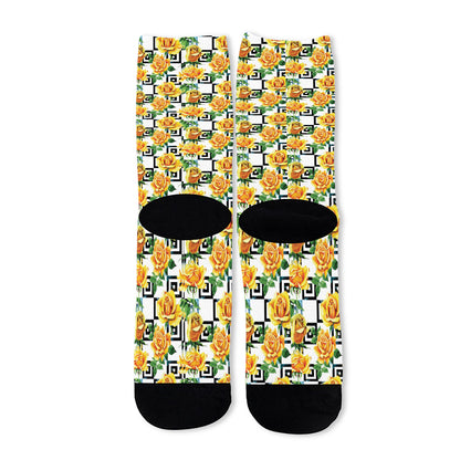 Yellow Watercolor Rose Print Long Socks