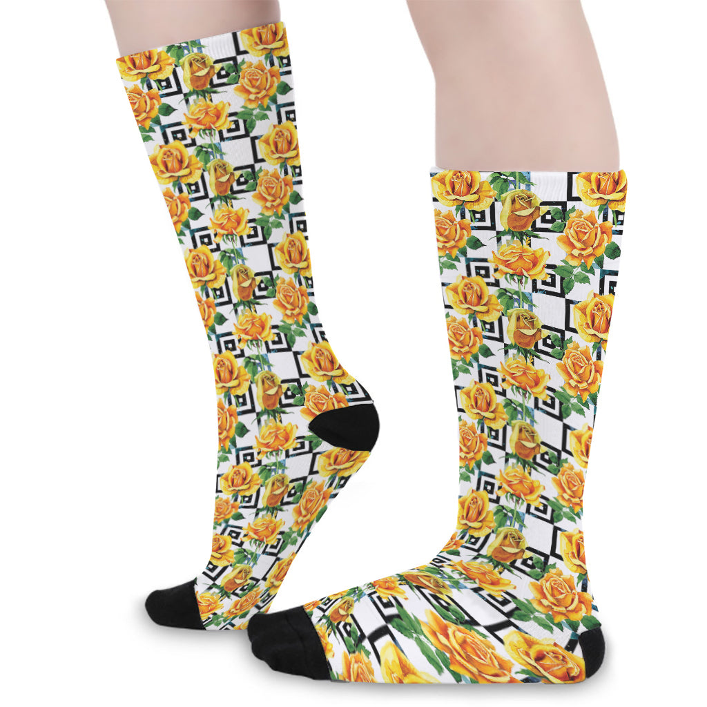 Yellow Watercolor Rose Print Long Socks