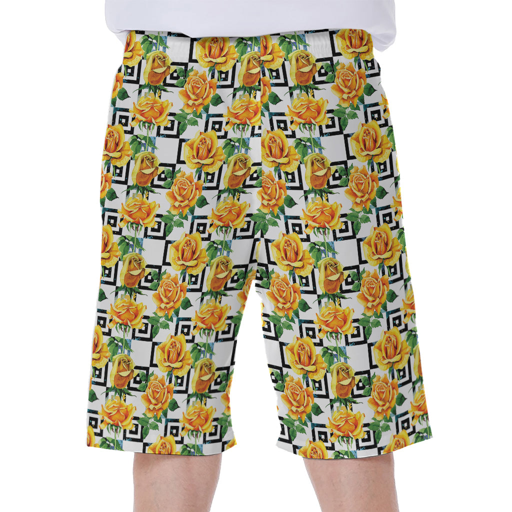 Yellow Watercolor Rose Print Men's Beach Shorts