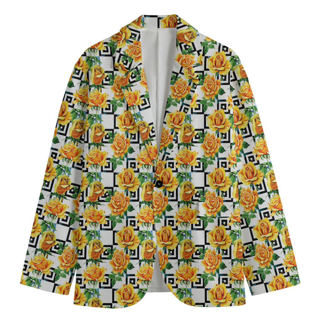 Yellow Watercolor Rose Print Men's Blazer