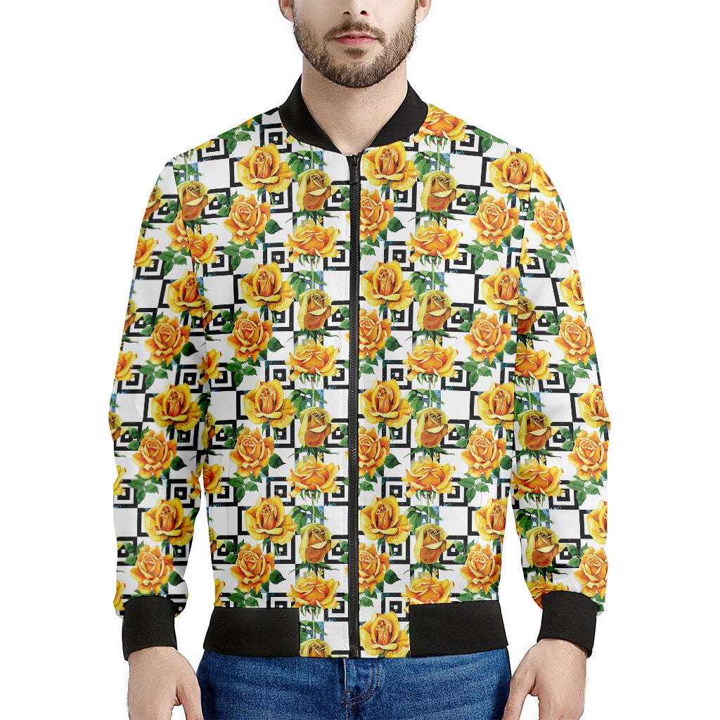 Yellow Watercolor Rose Print Men's Bomber Jacket