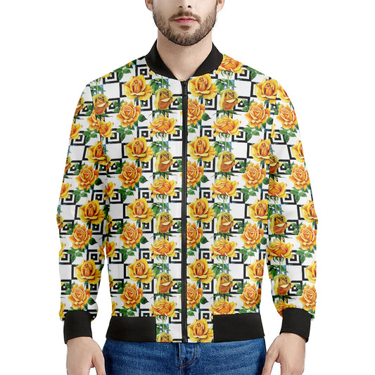 Yellow Watercolor Rose Print Men's Bomber Jacket