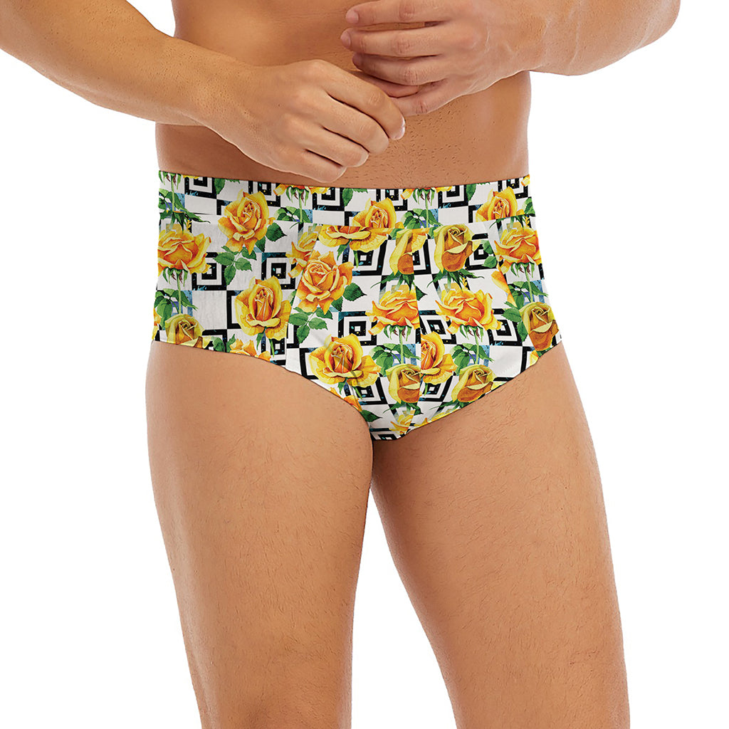 Yellow Watercolor Rose Print Men's Briefs