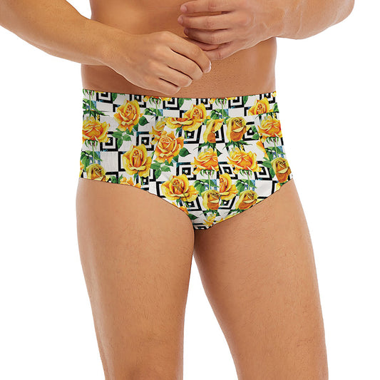 Yellow Watercolor Rose Print Men's Briefs