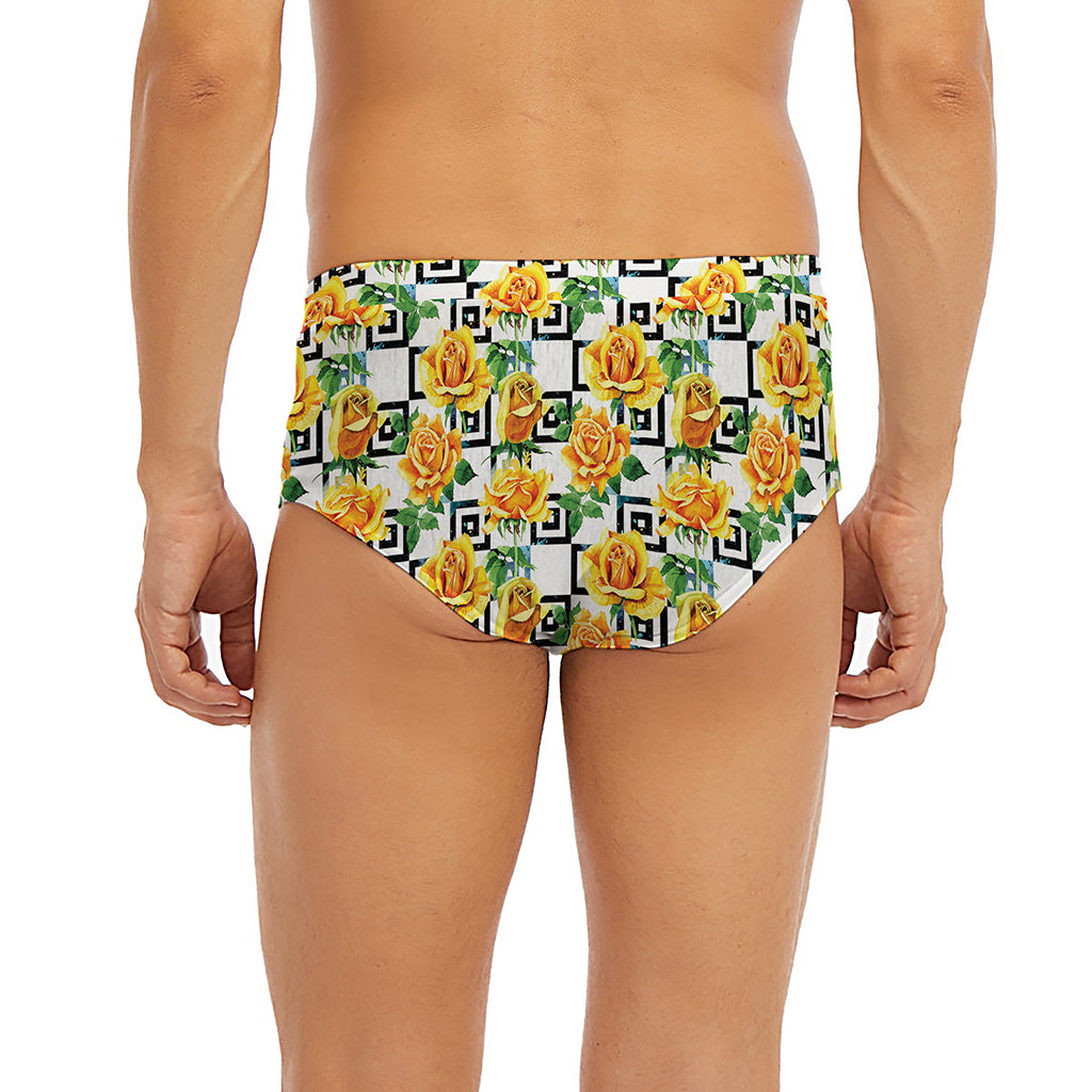 Yellow Watercolor Rose Print Men's Briefs