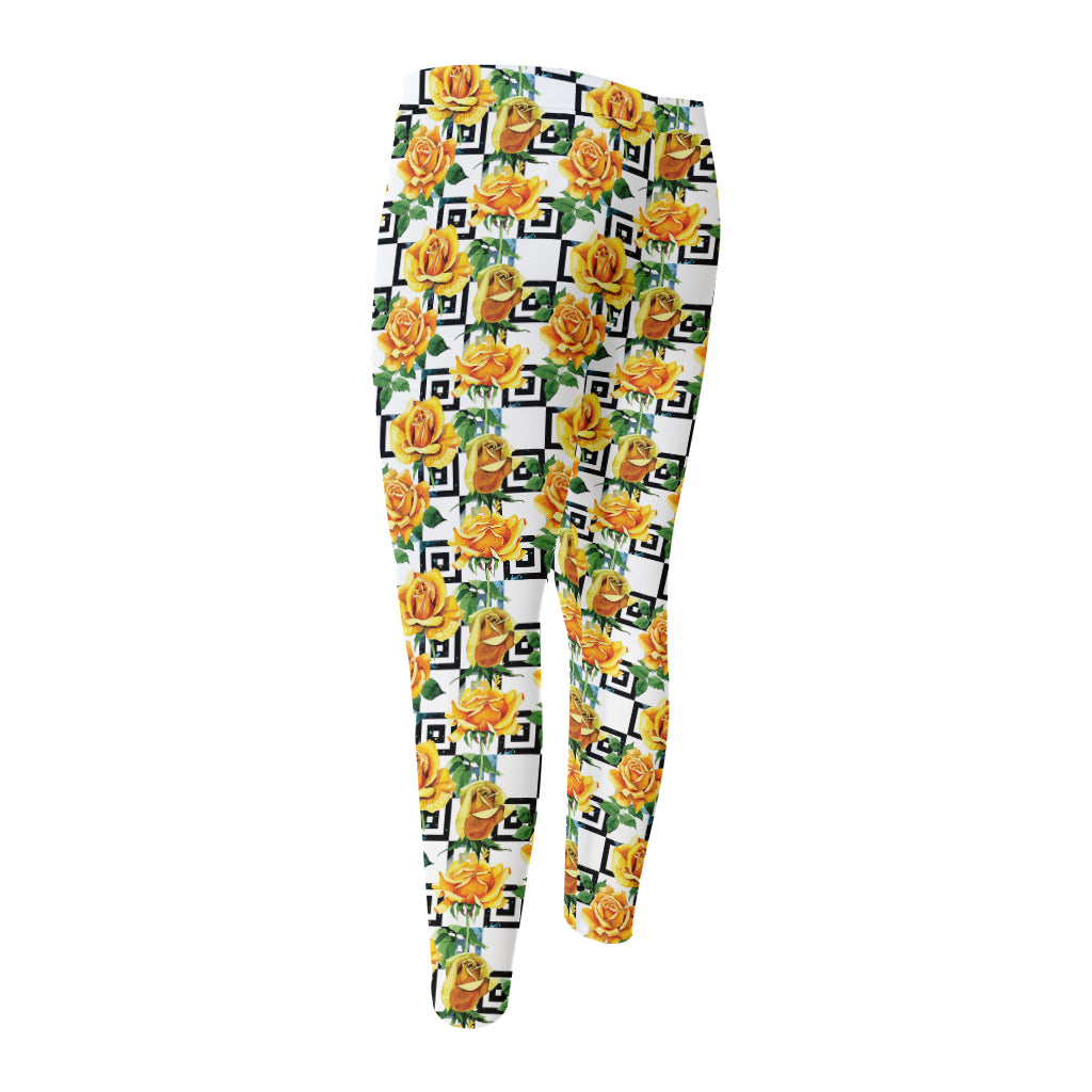 Yellow Watercolor Rose Print Men's Compression Pants