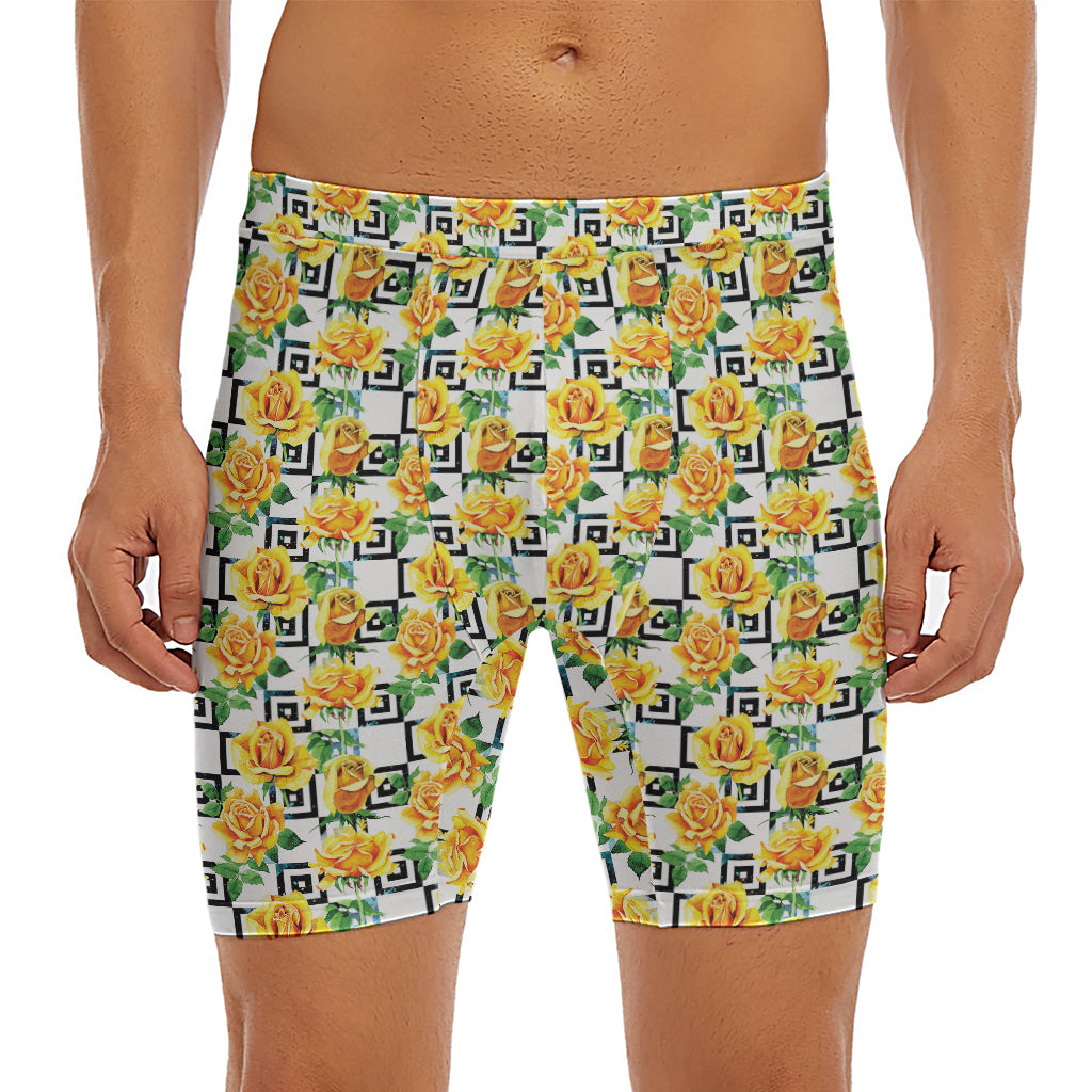 Yellow Watercolor Rose Print Men's Long Boxer Briefs