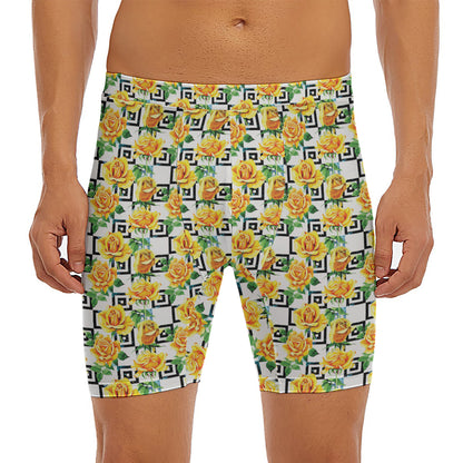 Yellow Watercolor Rose Print Men's Long Boxer Briefs