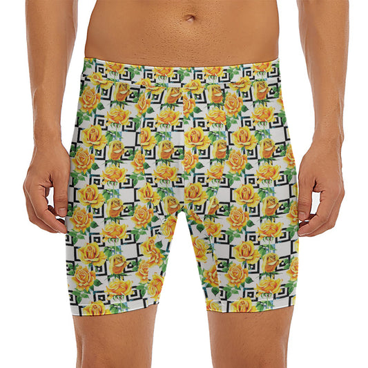 Yellow Watercolor Rose Print Men's Long Boxer Briefs