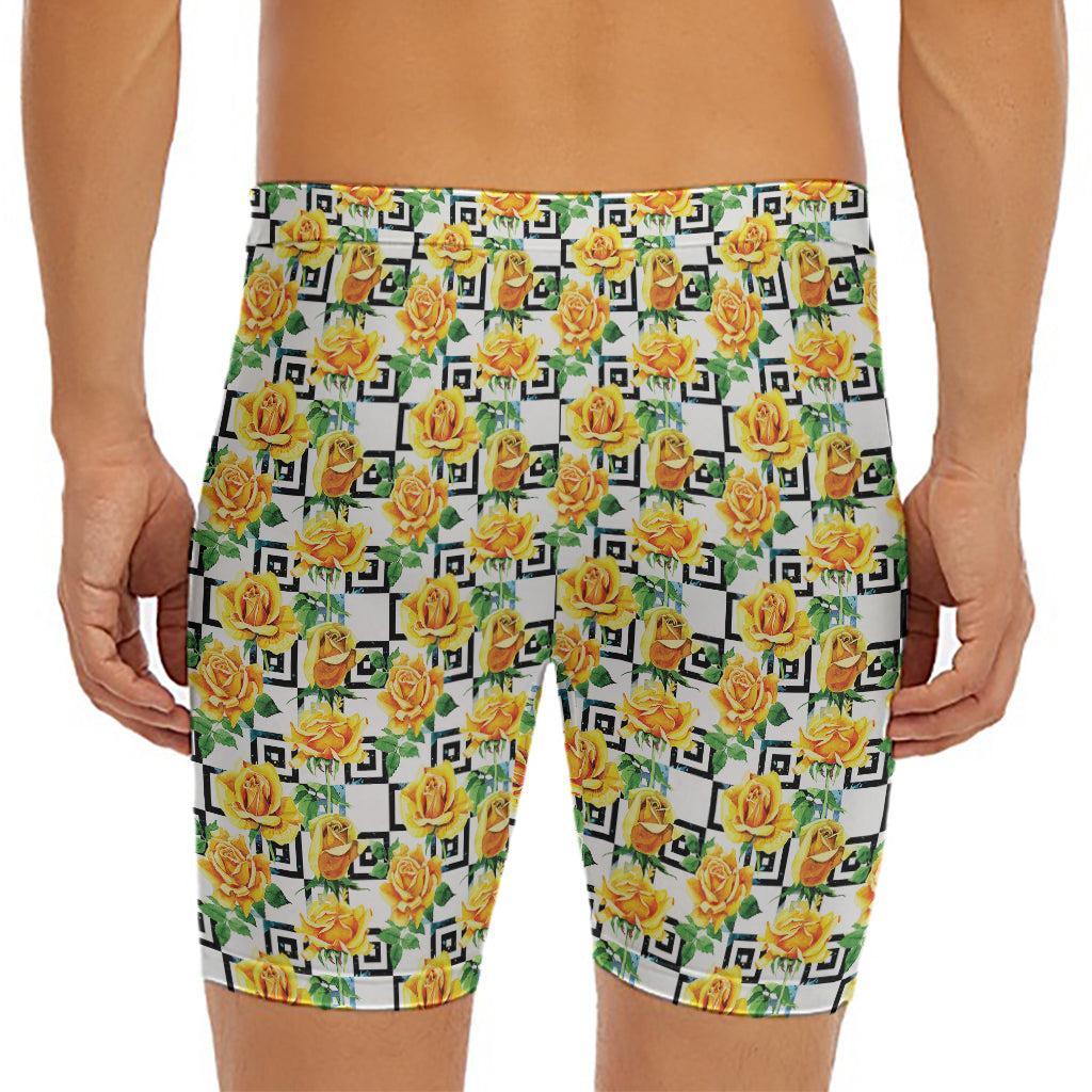 Yellow Watercolor Rose Print Men's Long Boxer Briefs