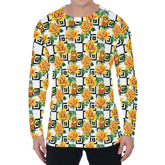 Yellow Watercolor Rose Print Men's Long Sleeve T-Shirt