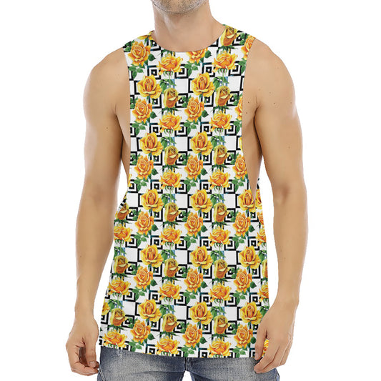 Yellow Watercolor Rose Print Men's Muscle Tank Top