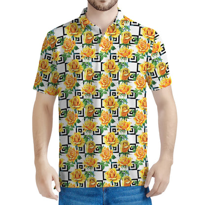 Yellow Watercolor Rose Print Men's Polo Shirt