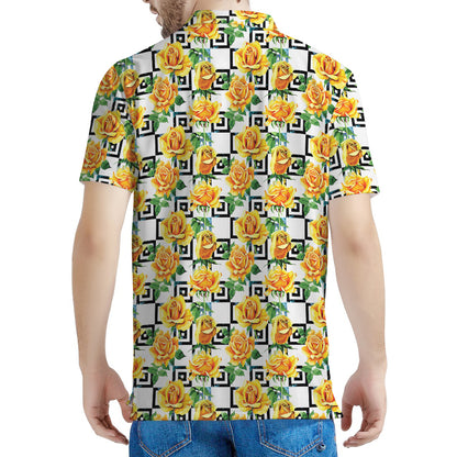 Yellow Watercolor Rose Print Men's Polo Shirt