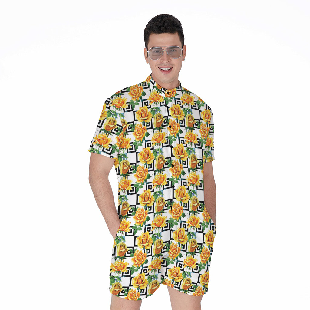 Yellow Watercolor Rose Print Men's Rompers