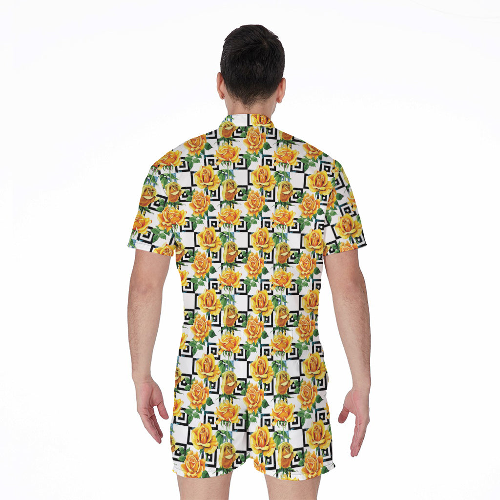 Yellow Watercolor Rose Print Men's Rompers