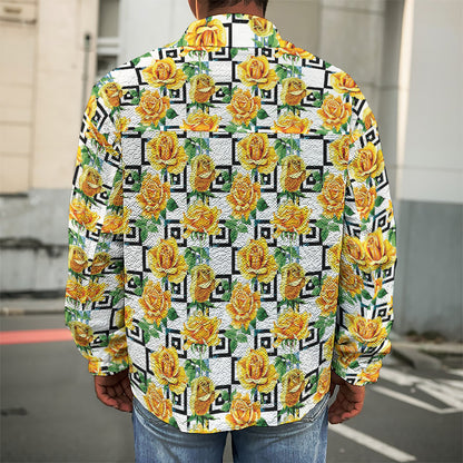 Yellow Watercolor Rose Print Men's Shirt Jacket