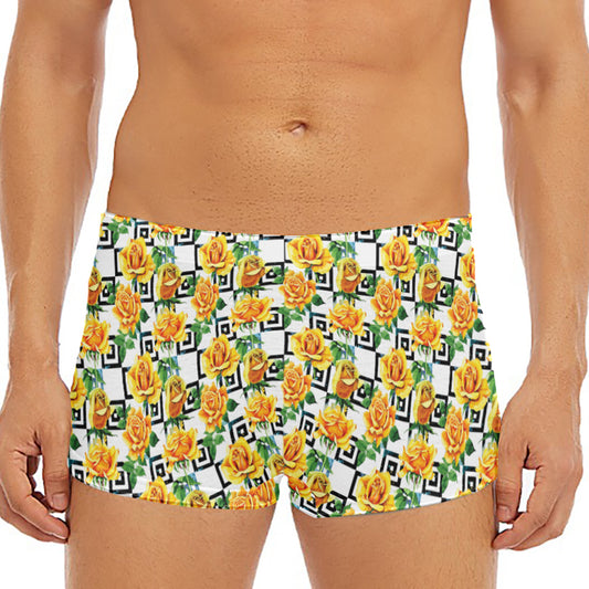 Yellow Watercolor Rose Print Men's Short Boxer Briefs