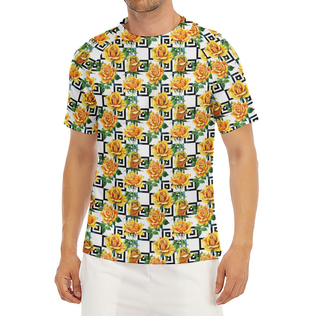 Yellow Watercolor Rose Print Men's Short Sleeve Rash Guard