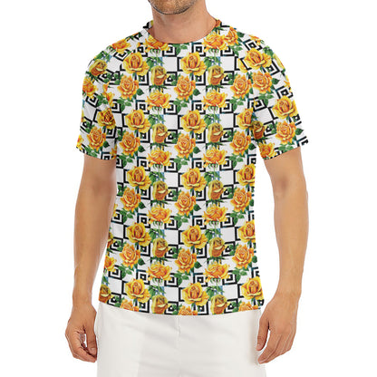 Yellow Watercolor Rose Print Men's Short Sleeve Rash Guard