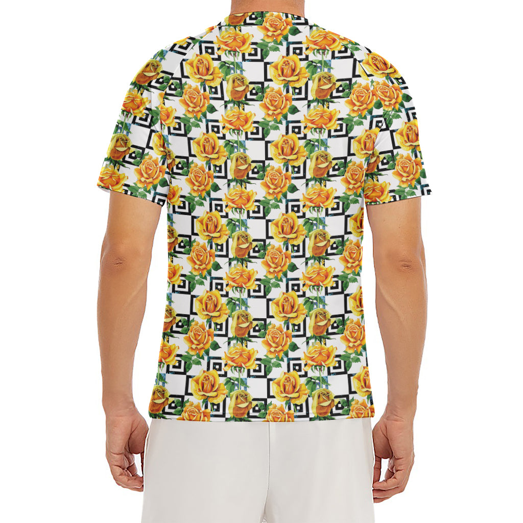 Yellow Watercolor Rose Print Men's Short Sleeve Rash Guard