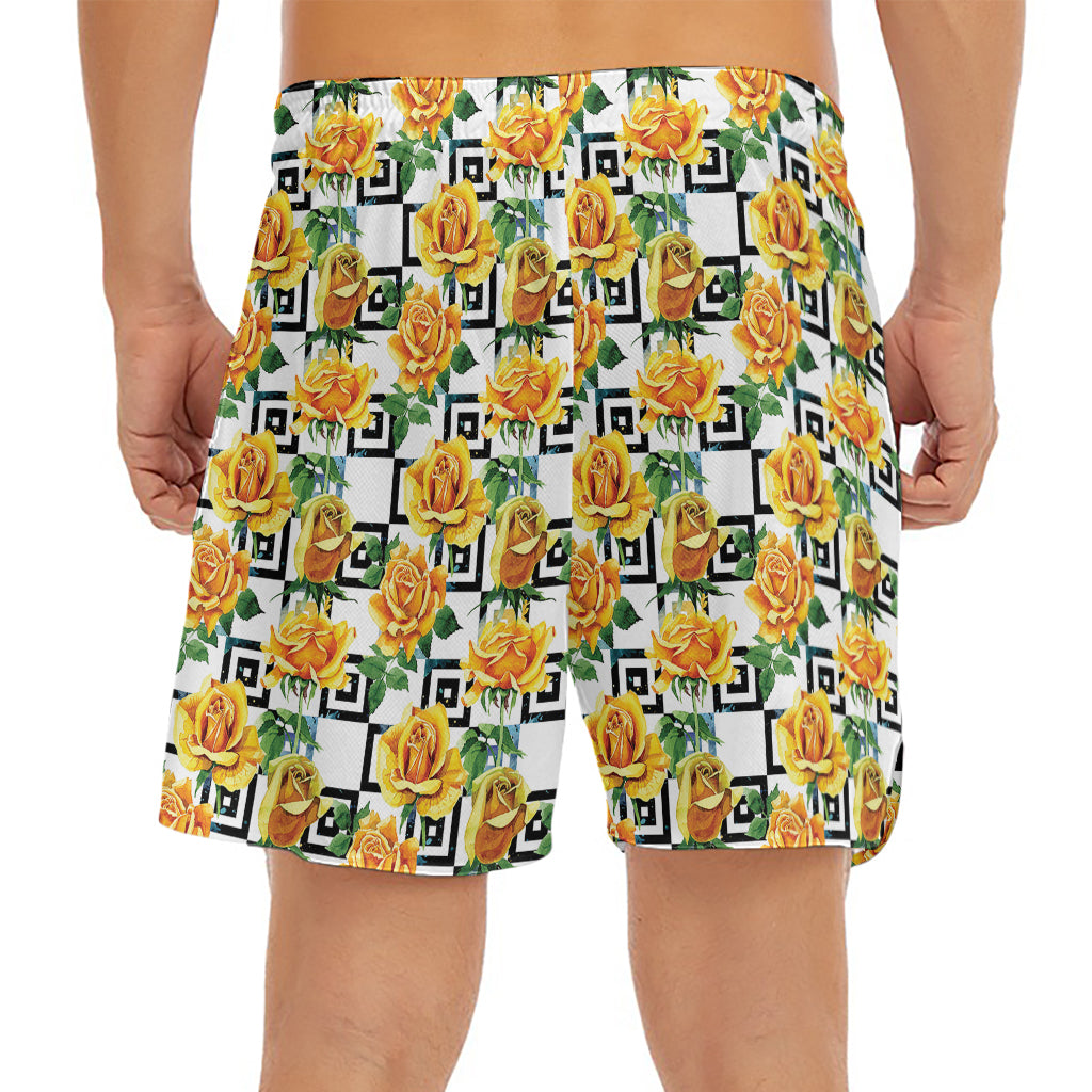 Yellow Watercolor Rose Print Men's Split Running Shorts