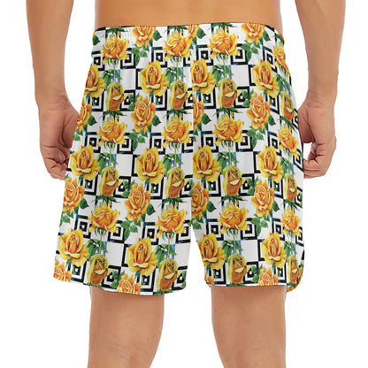 Yellow Watercolor Rose Print Men's Split Running Shorts