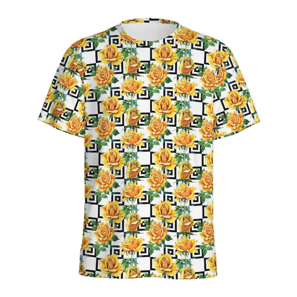 Yellow Watercolor Rose Print Men's Sports T-Shirt