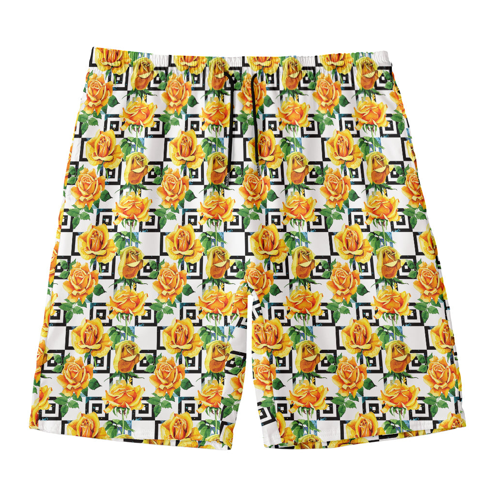Yellow Watercolor Rose Print Men's Swim Trunks