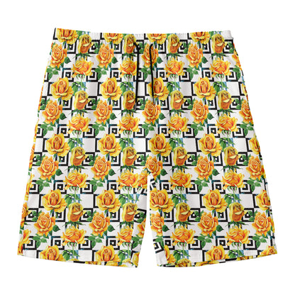 Yellow Watercolor Rose Print Men's Swim Trunks