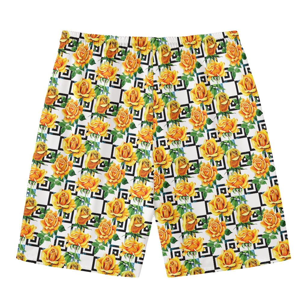 Yellow Watercolor Rose Print Men's Swim Trunks