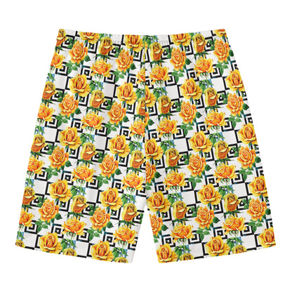 Yellow Watercolor Rose Print Men's Swim Trunks