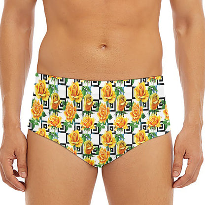 Yellow Watercolor Rose Print Men's Triangle Swim Briefs