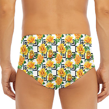 Yellow Watercolor Rose Print Men's Triangle Swim Briefs